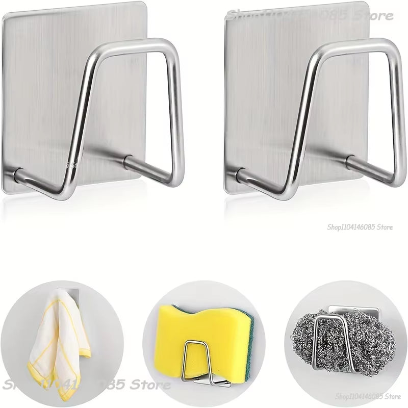 Kitchen Sponges Holder Stainless Steel Sink Sponges Drain Drying Rack Self Adhesive Storage Holder Wall Hooks Kitchen Organizer
