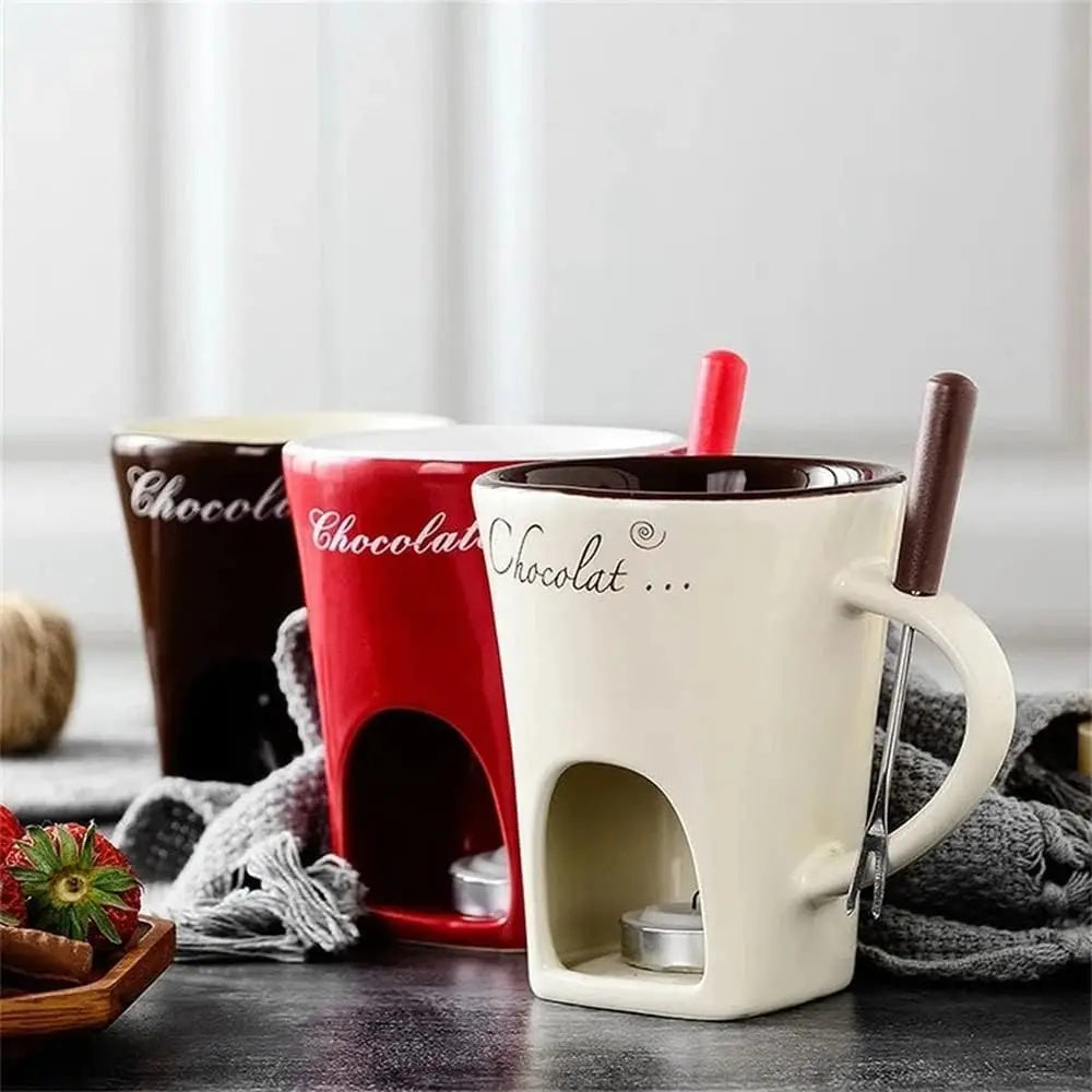 EaseKitch™ Personal Fondue Mug Set — Mini Chocolate, Cheese & Butter Melter Cup with Warmer Stand