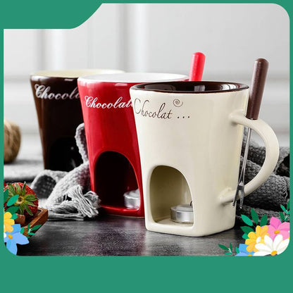 EaseKitch™ Personal Fondue Mug Set — Mini Chocolate, Cheese & Butter Melter Cup with Warmer Stand