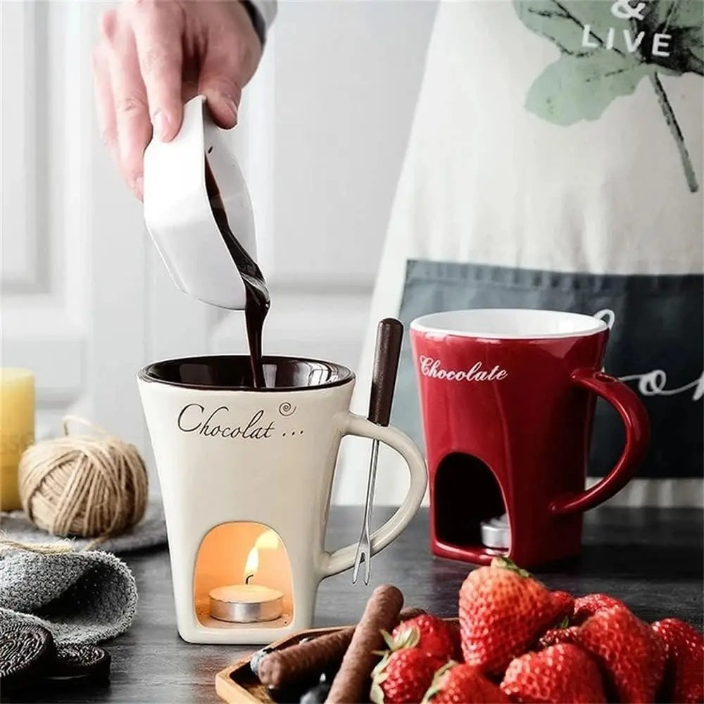 EaseKitch™ Personal Fondue Mug Set — Mini Chocolate, Cheese & Butter Melter Cup with Warmer Stand