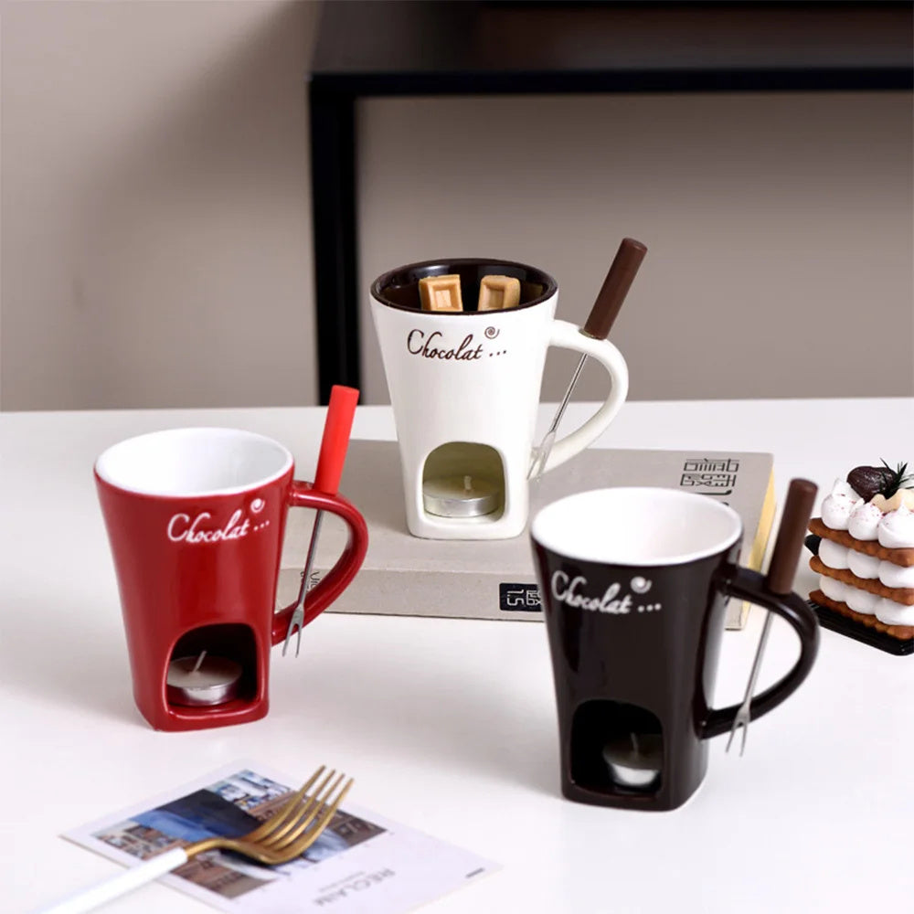 EaseKitch™ Personal Fondue Mug Set — Mini Chocolate, Cheese & Butter Melter Cup with Warmer Stand